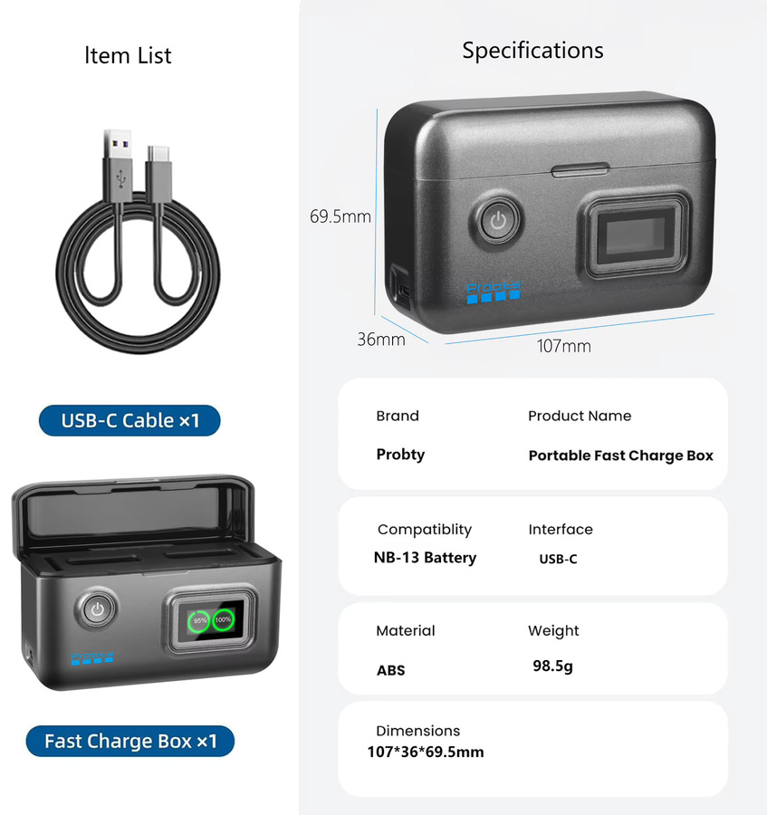 Probty NB-13L Tragbares Schnellladegerät mit intelligenter Digitalanzeige für Canon G7X, G7X Mark III, G7X Mark II, PowerShot SX740 HS und G5X - Bild 6