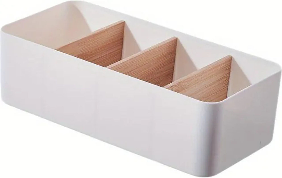 Aufbewahrungsbox aus Bambusholz und Kunststoff in Weiß, Rechteckige Organizerbox für Kosmetik oder Fernbedienungen im minimalistischen Design - Bild 1
