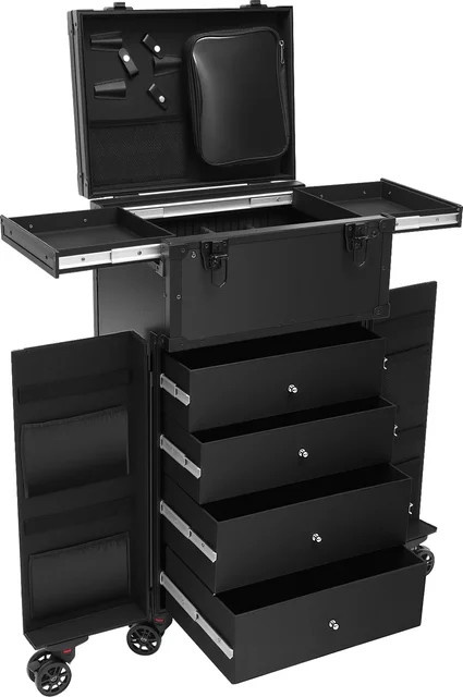 Bymaocar Rollkoffer für Make-up und Kosmetik in Schwarz mit 6 Rollen und Schubladen-Organizer aus Aluminium und ABS - Bild 1