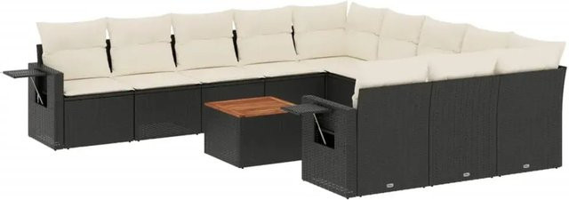 vidaXL 12-teilige Garten-Sofagarnitur aus Poly-Rattan und Akazienholz in Schwarz-Creme mit Kissen - Bild 1