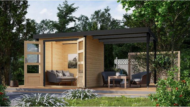 Karibu Hybrid Gartenhaus Hollywood mit Anbaudach und Fußboden, naturbelassen, Breite: 2,40 m - Bild 1