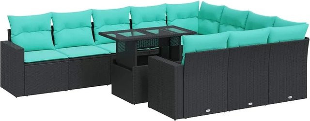 vidaXL 11-tlg. Garten-Sofagarnitur in U-Form aus Polyrattan und Akazie mit Kissen, Schwarz und Blau - Bild 1