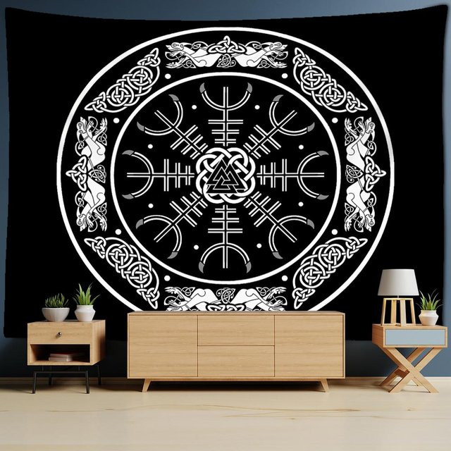 Schädel Rune Kunst Wandteppich Super Six mit Psychedelic Hexerei und Tarot Motiv in Schwarz, Breite: 95 cm, Höhe: 70 cm - Bild 1