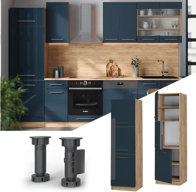 Vicco Herdschrank Fame-Line Eiche Dunkelblau Hochglanz mit 3 Türen und Soft-Close-Funktion, Breite: 60 cm - Bild 1