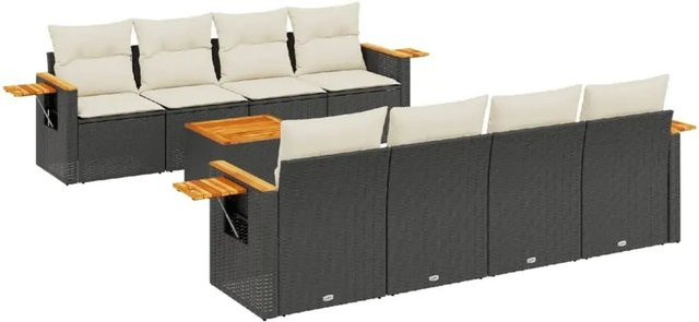 vidaXL 9-teilige Garten-Sofagarnitur aus Poly-Rattan und Akazienholz in Schwarz mit cremeweißen Kissen - Bild 1