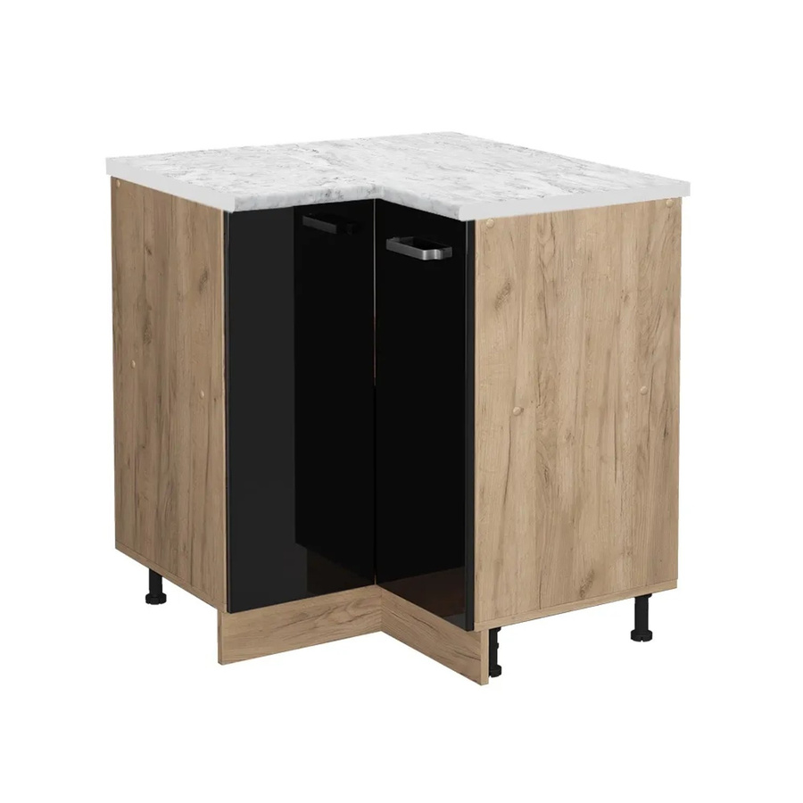 Vicco R-Line Eckunterschrank für die Küche in Schwarz Hochglanz und Goldkraft Eiche mit Marmor-Optik, B/T/H: 75,6 x 46,0 x 81,6 cm - Bild 2