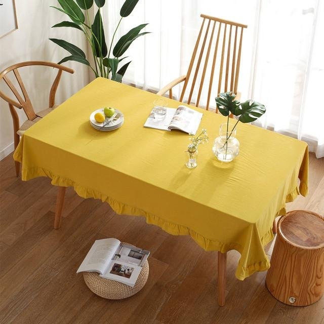 Moderne quadratische Baumwolltischdecke von Your Warm Home in Gelb mit Rüschenrand, B/B: 90 x 90 cm - Bild 1