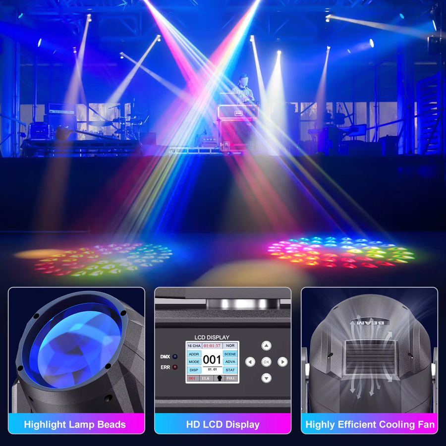 U'King 280W 10R Beam Moving Head Bühnenlicht mit DMX512, 14 Farben, 14 Gobos, 2 Prismen und Regenbogeneffekt in Schwarz - Bild 4