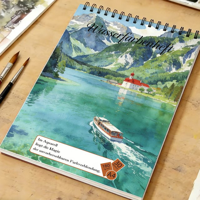A4 Spiral-Aquarell-Skizzenbuch mit säurefreiem Papier (100g/m²) und See- und Berglandschaftsmotiv in Weiß - Bild 1
