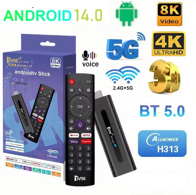 CLIBABIQBOX TV98 ATV Stick Smart Media Streamer mit Android 14.0, 2GB RAM, 16GB Speicher, Allwinner H313, 8K 4K Unterstützung, 4G 5G WLAN, Bluetooth 5.0 und Sprachfernbedienung in Schwarz - Bild 1
