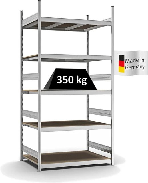PROREGAL Weitspannregal Stecksystem T-Profil mit 5 Ebenen Spanplatten Fachböden, verzinkt, Farbe: Silber, H x B x T: 300 x 150 x 80 cm - Bild 1