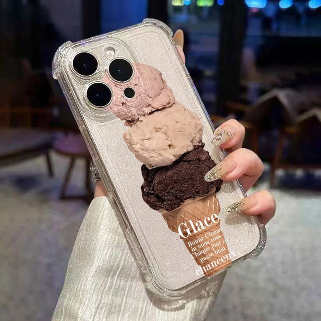 Glitzernde Handyhülle mit Eiscreme-Muster für Apple iPhone 17, 16, 15, 14, 13, 12, 11 Pro Max, sturzsicheres Silikon-Softcover, transparent - Bild 1