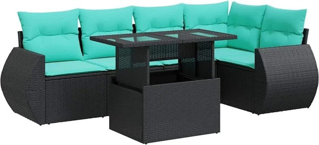 vidaXL 6-teilige Garten-Sofagarnitur aus Poly-Rattan mit Kissen in Schwarz und Blau - Bild 1