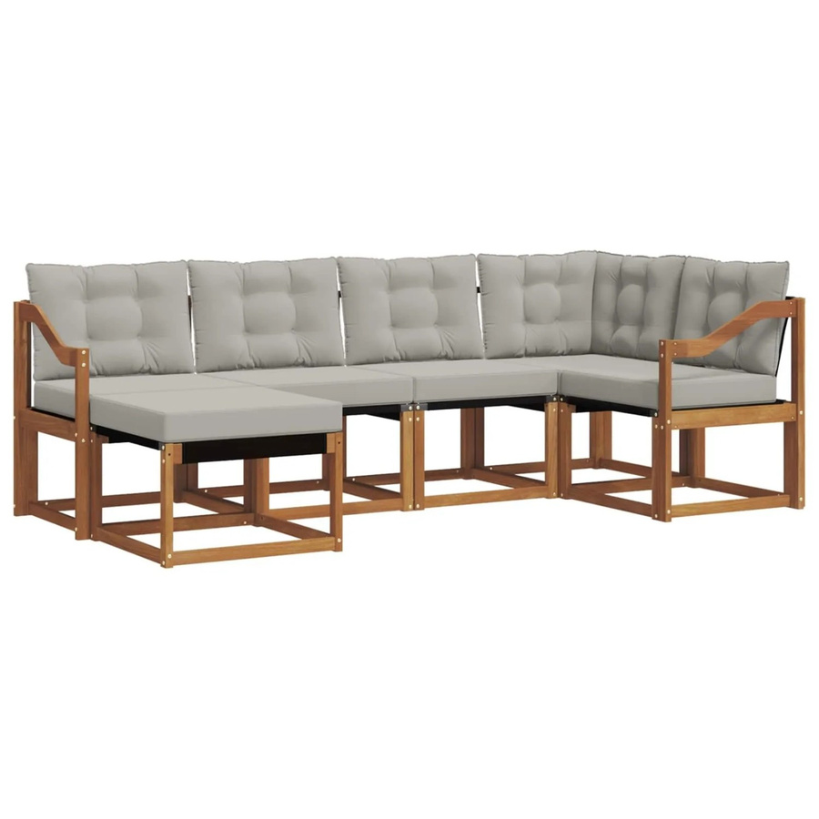 vidaXL Outdoor-Sofagarnitur 6-teilig L-Form aus Akazienholz und Textilene in Natur und Hellgrau mit Kissen und Armlehnen - Bild 2