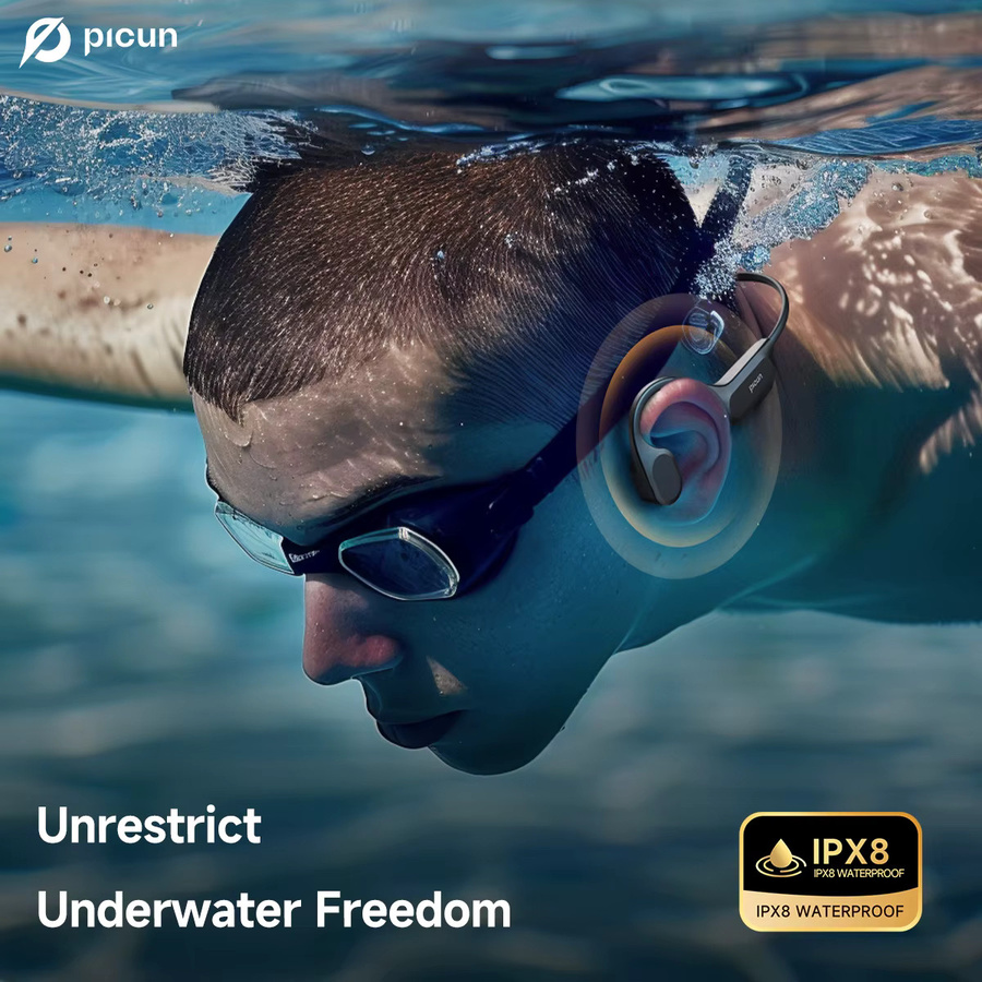 Picun T2 Knochenleitungs-Kopfhörer mit 32 GB Speicher, Bluetooth 5.4, IPX8 wasserdichtes Headset mit Mikrofon für Schwimmen und Reiten - Bild 3