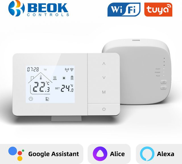 Beok Smart Wireless Thermostat für Gaskessel und Fußbodenheizung, Tuya Wifi Kühlthermostat mit Alexa Integration, Weiß - Bild 1