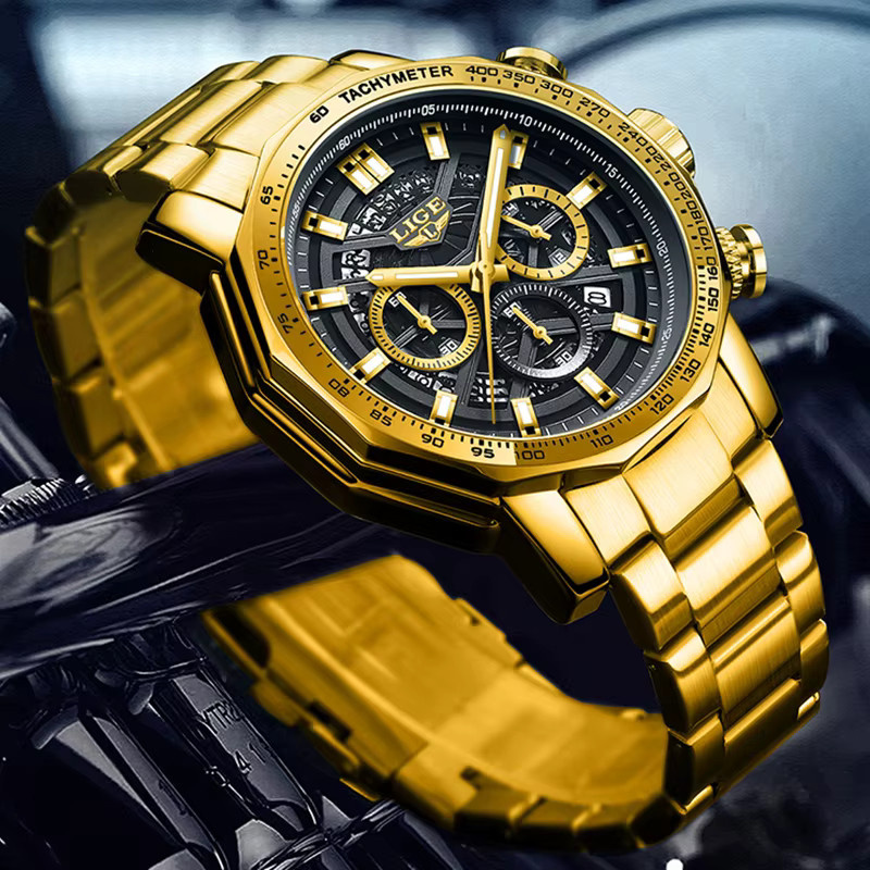 LIGE Chronograph Armbanduhr, Quarz, Edelstahl, Gold, Herren - Bild 4