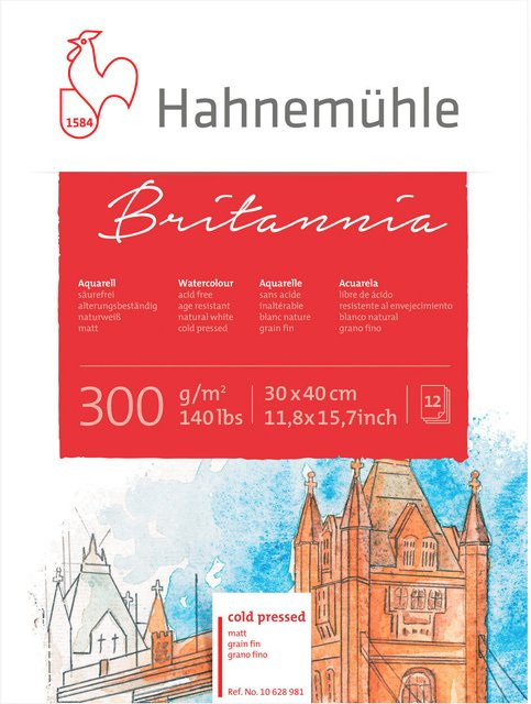 Hahnemühle Aquarellblock Britannia matt naturweiß 300g/m2, 12 Blatt, B: 30 cm x H: 40 cm - Bild 1