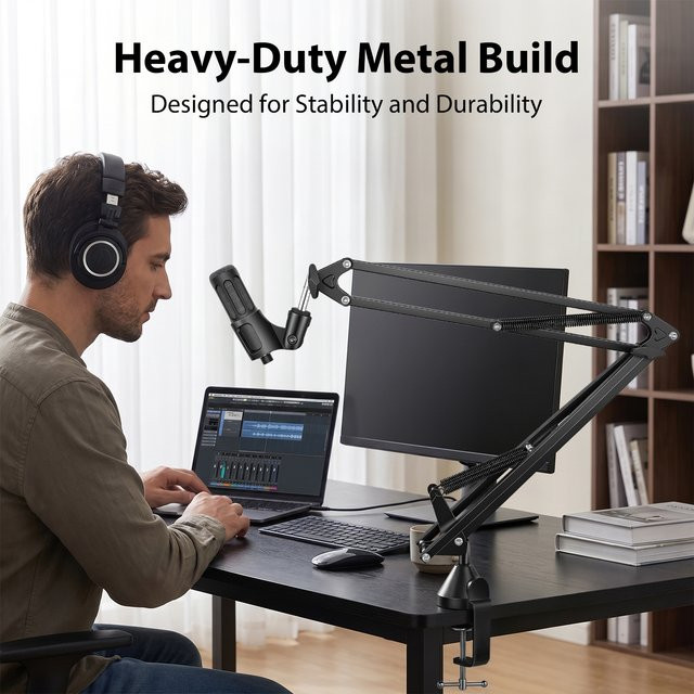 Verstellbarer Mikrofonarmständer mit Pop-Filter, Mikrofonclip und Kabelbindern in Schwarz für Blue Yeti, HyperX Quadcast, Elgato Wave und weitere Mikrofone mit 3/8 Zoll Anschluss - Bild 1