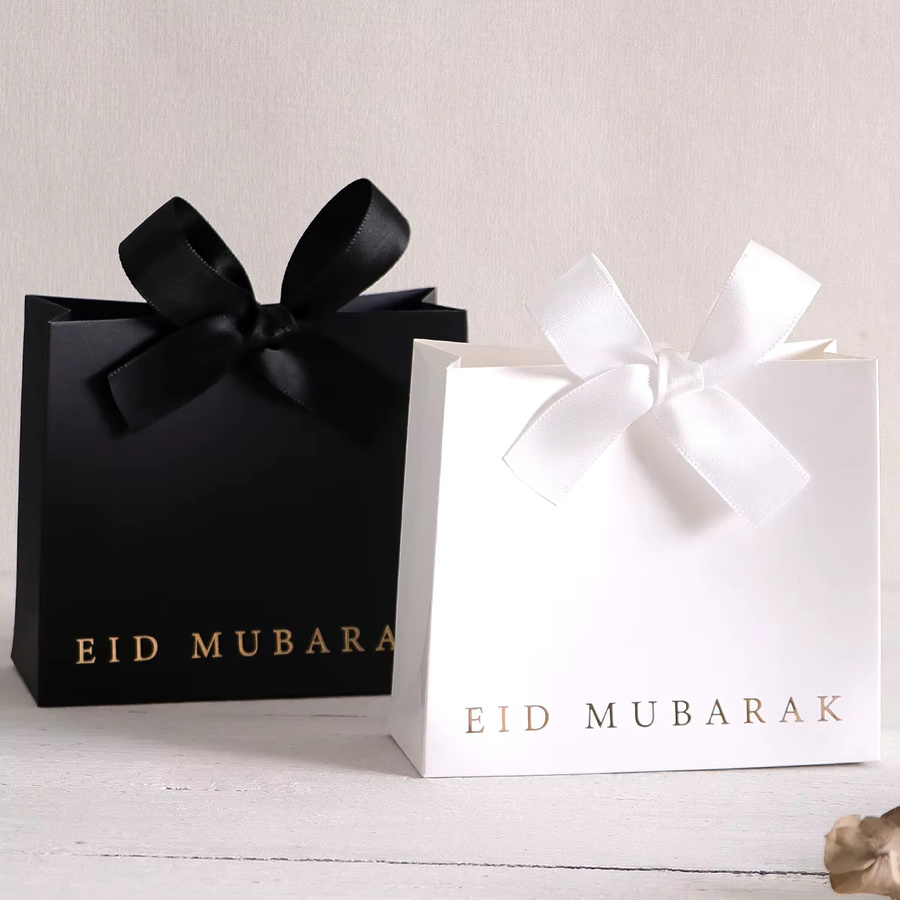 10 Stück Eid Mubarak Mini-Geschenkboxen aus Papier, laminiert, mit elegantem Band, Farben: Schwarz, Weiß und Rosa, B/T/H: 11,5 x 10 x 4,5 cm - Bild 3