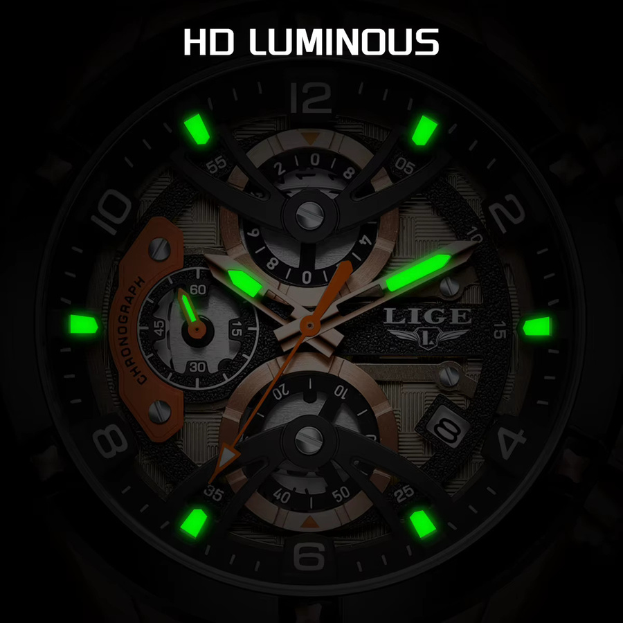 LIGE Armbanduhr Chronograph, Quarz, Silikonarmband, Schwarz, Herren - Bild 5