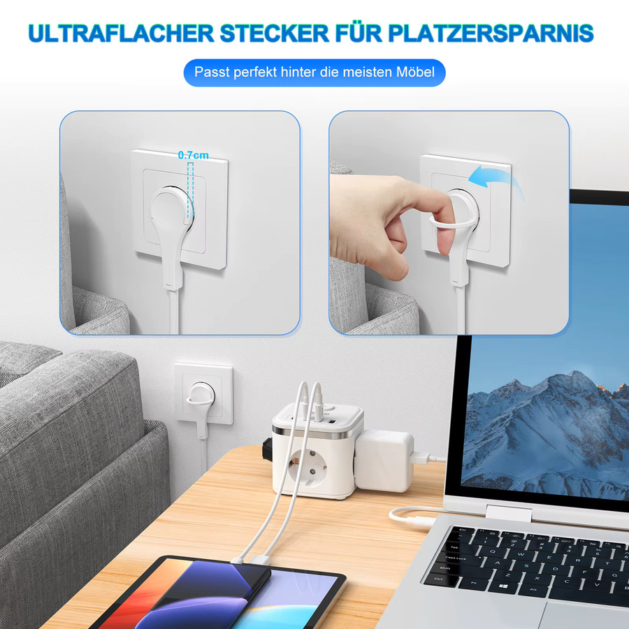 HITRENDS 7-in-1 Multifunktions-Stromversorgungsplatine mit 2 Meter Verlängerungskabel, 3 AC-Steckdosen, 2 USB-C und 2 USB-A Anschlüssen in Weiß - Bild 2