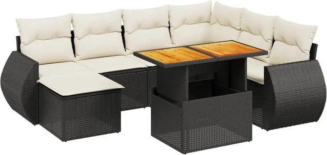 vidaXL 8-teilige Garten-Sofagarnitur in L-Form aus Poly-Rattan und Akazienholz in Schwarz-Creme mit Kissen - Bild 1