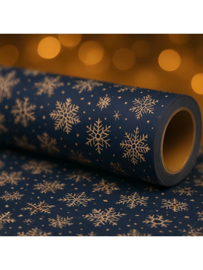 Dunkelblaue Schneeflocken Geschenkpapierrolle aus Kraftpapier mit doppelseitigem Winterdesign - Bild 5