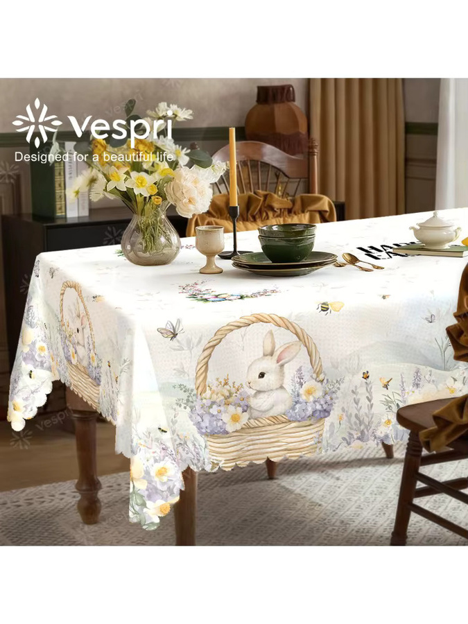 Vespri Oster-Tischdecke mit Blumen, Hasen und Schmetterlingen in Weiß und Hellgrün aus Polyester - Bild 5