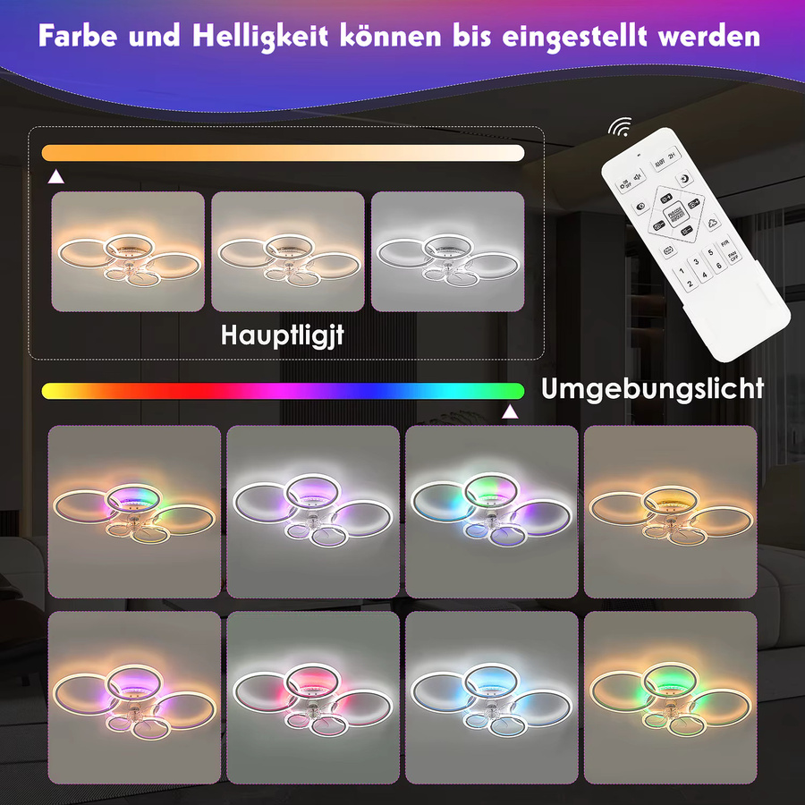 Oyajia RGB-Deckenventilator im 5-Ring-Design mit Fernbedienung und Timer, Weiß/Multicolor - Bild 2