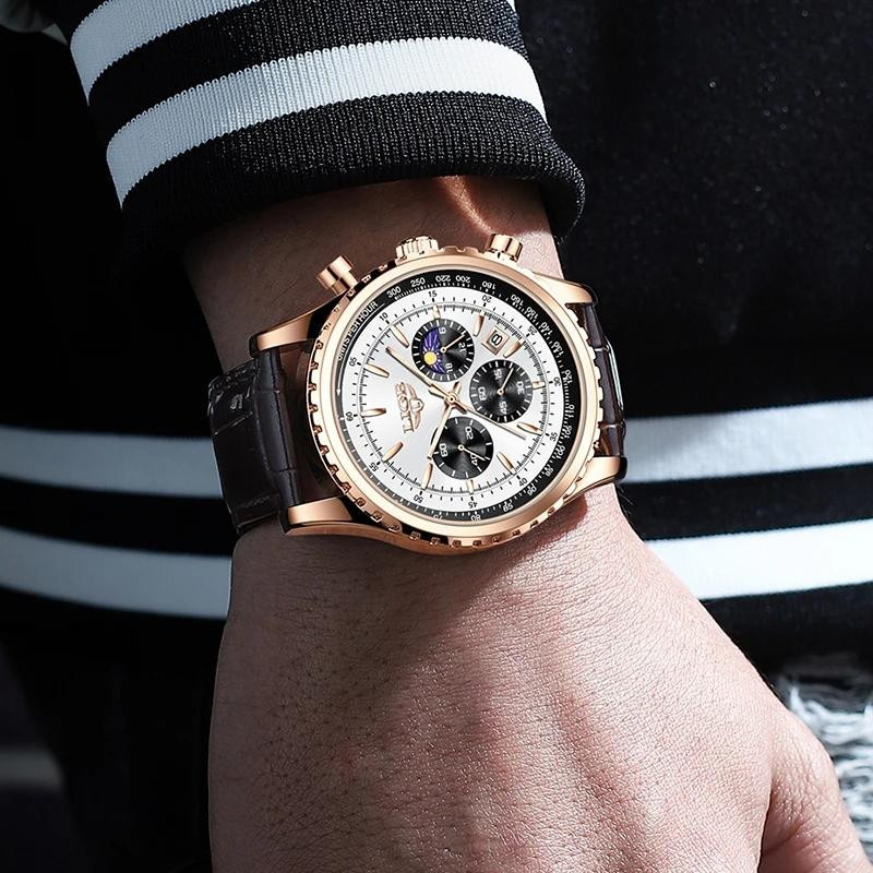 LIGE Armbanduhr, Chronograph, Quarz, Leder, Blau, Herren - Bild 8