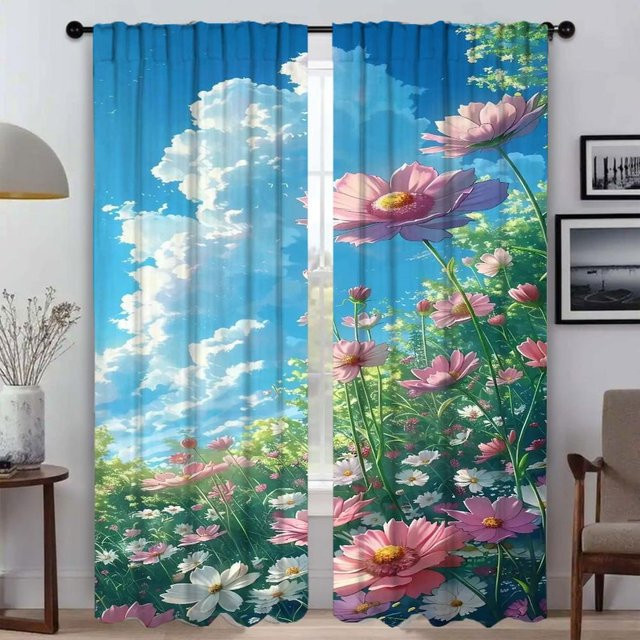 Sommer Vorhang Set aus Tüll für Küche und Schlafzimmer mit Halloween Dekoration, 2 Stück, Blau, Breite: 50 cm, Höhe: 70 cm - Bild 1