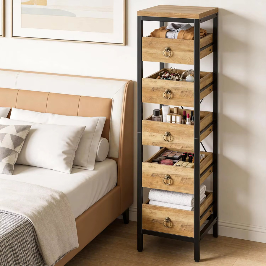 Garvee Schmales 5-stöckiges Küchenregal aus Metall mit Ausziehschubladen, Multifunktionaler Organizer für Küche, Wohnzimmer und Badezimmer, Farbe: Braun oder Rot, Matt - Bild 5