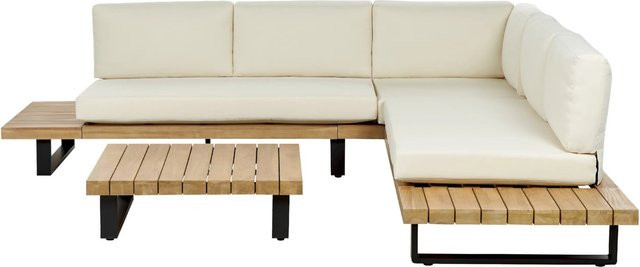 Beliani Lounge Set MYKONOS in Cremeweiß mit Ecksofa, Couchtisch und Polsterkissen aus Aluminium und Akazienholz - Bild 1