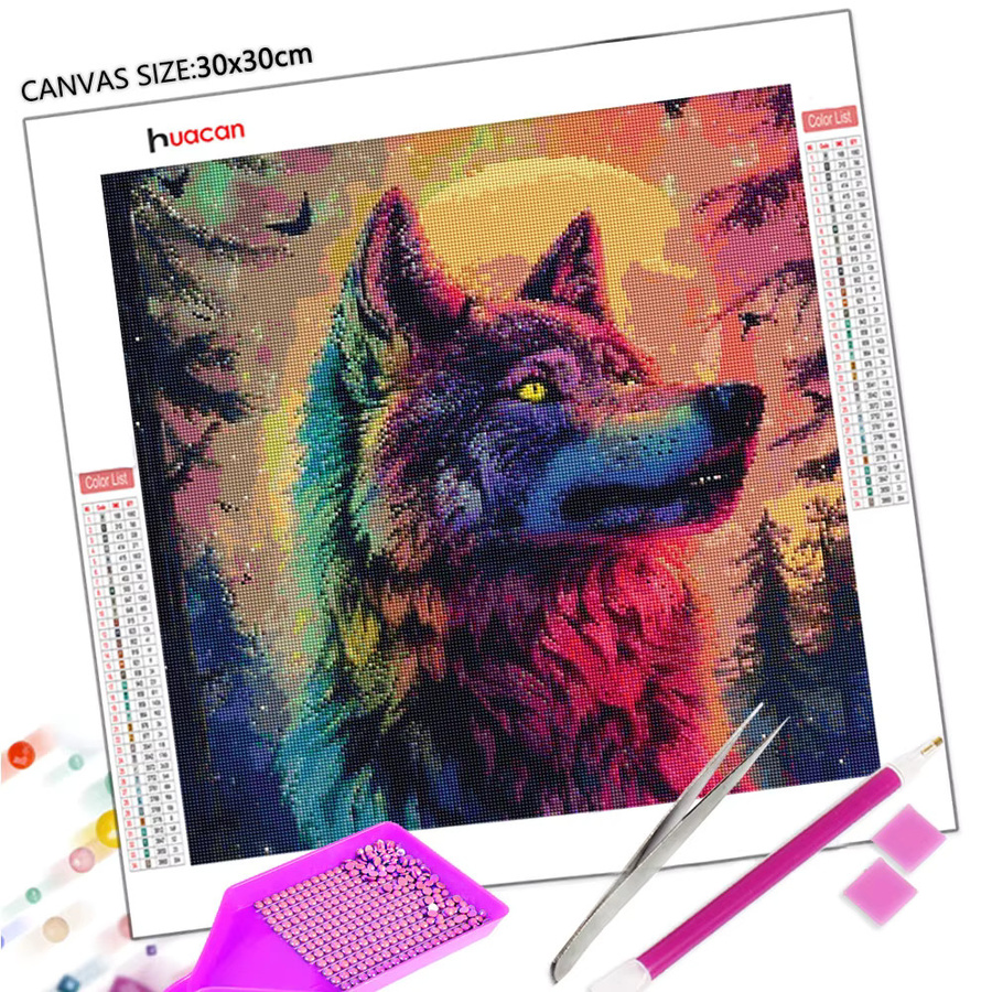 Huacan Diamant-Malset Wolf am Mond als Diamant-Mosaik Tier-Landschaft in Multicolour, B/H: 20 x 20 cm - Bild 2