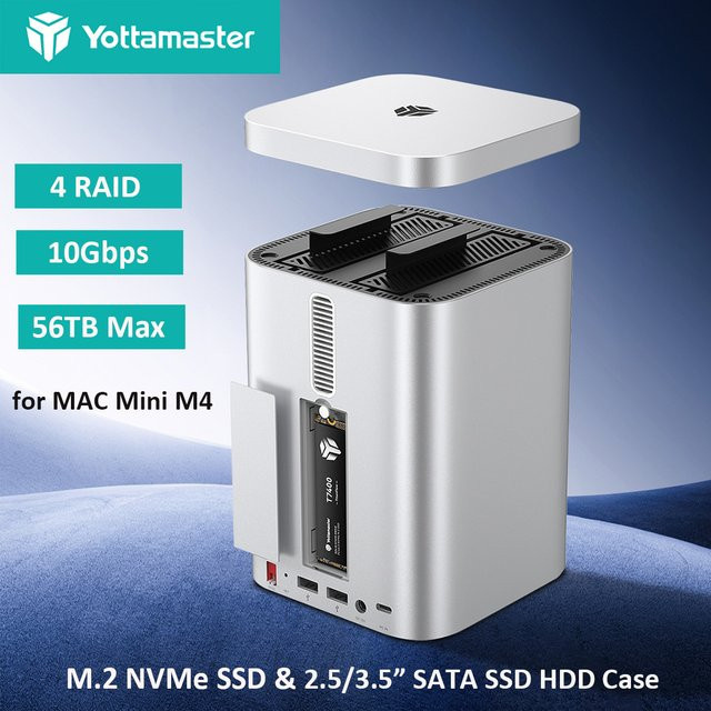 Yottamaster 2 Bay RAID HDD-Gehäuse und M.2 NVMe SSD-Dockingstation mit USB-Hub in Silber für Mac Mini M4, 10 Gbit/s USB-C - Bild 1