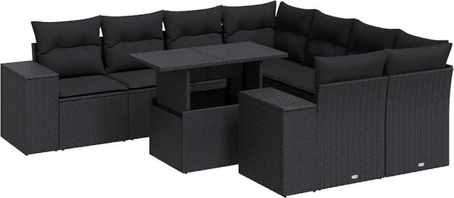 vidaXL 9-tlg Garten-Sofagarnitur in L-Form aus schwarzem Poly-Rattan mit Kissen und pulverbeschichtetem Stahlgestell - Bild 1