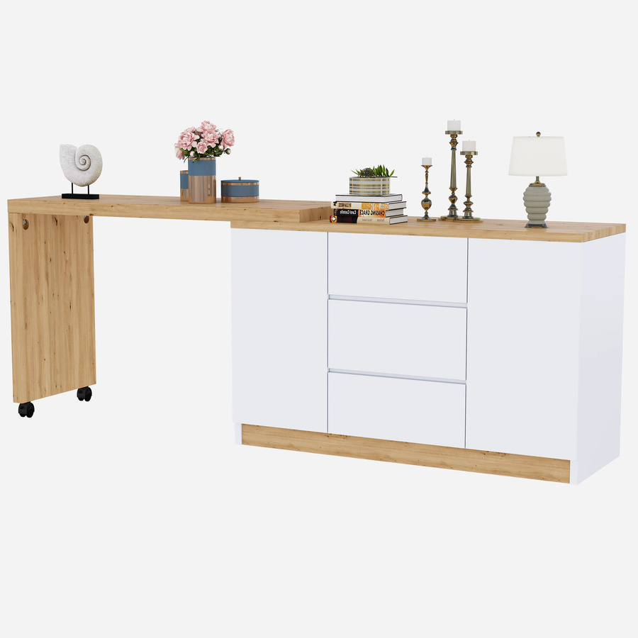 Svintora Eckschreibtisch L-Form in Weiß mit Sideboard, klappbarer Tischplatte und Rollen, B/T/H: 120 x 50 x 76,5 cm - Bild 1