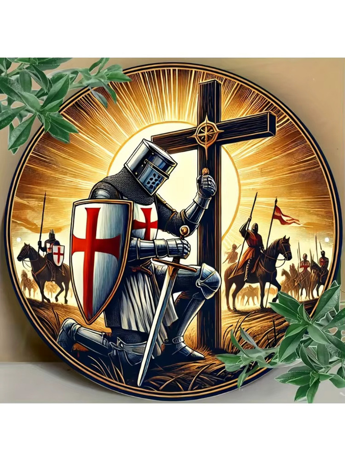 HELLOYOUNG Metallschild Vintage Templar Knight Prayer Wandekoration Rund, Mehrfarbig, Durchmesser: 20 cm - Bild 5
