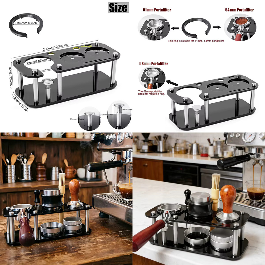 XINGZHAOHOME Siebträger und Tamper Ständer in Schwarz für 51mm, 53mm und 58mm mit doppelschichtiger Aufbewahrung für Espresso-Tamper und Verteiler - Bild 2
