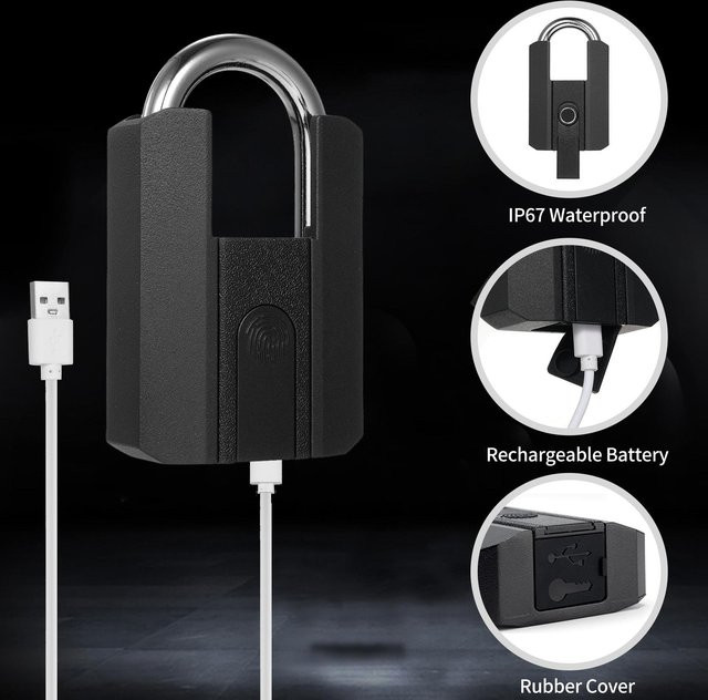 Smart Fingerabdruck-Vorhängeschloss von Painter, wasserdichtes Smart Lock mit App-Steuerung und Schlüssel, wiederaufladbar, Schwarz - Bild 1