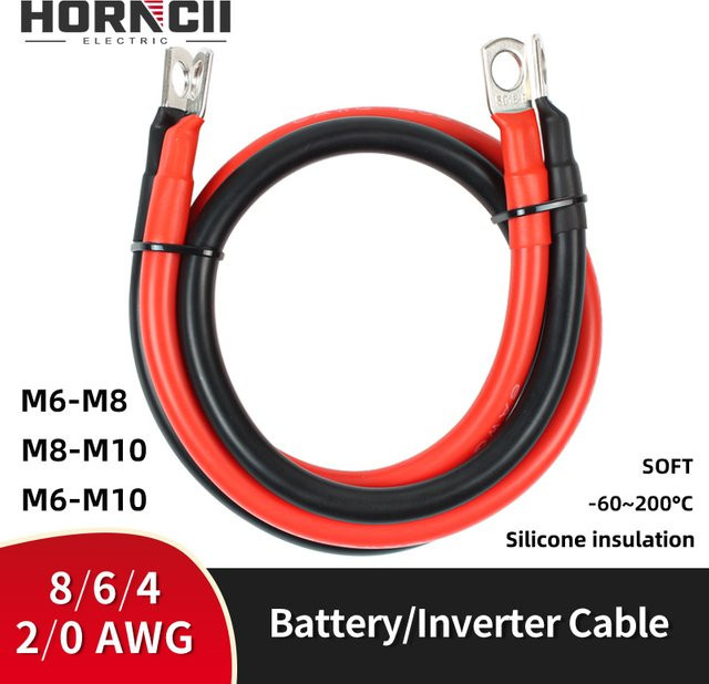 HORNCII Silikon-Batteriekabel aus verzinntem Kupfer mit M6-M8-M10-Ösen, rot, 8 6 4 2 0 AWG - Bild 1