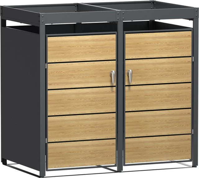 HARDIN 2er Mülltonnenverkleidung aus pulverbeschichtetem Stahl in Anthrazit und Holzoptik, B/T/H: 132 x 80 x 124 cm - Bild 1