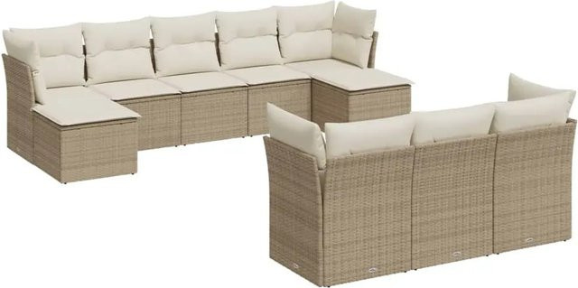 vidaXL 10-teilige Garten-Sofagarnitur in U-Form aus Polyrattan mit Kissen in Beige-Creme - Bild 1