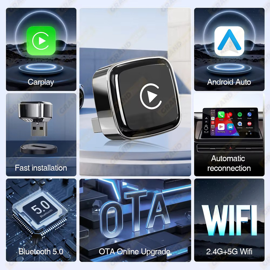Grandnavi Mini Wireless 2-in-1 Carplay Adapter für Android und iPhone, kabellose AI Box mit USB-Verbindung, Farbe: Schwarz - Bild 3