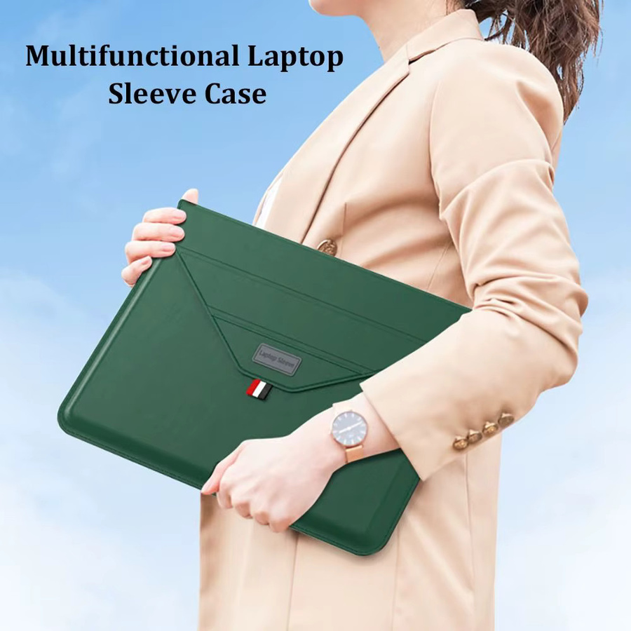 PERNEAKY Laptop-Hülle aus wasserdichtem PU-Leder, stoßfeste Notebook-Tasche mit Halterung, Grau oder Grün - Bild 2