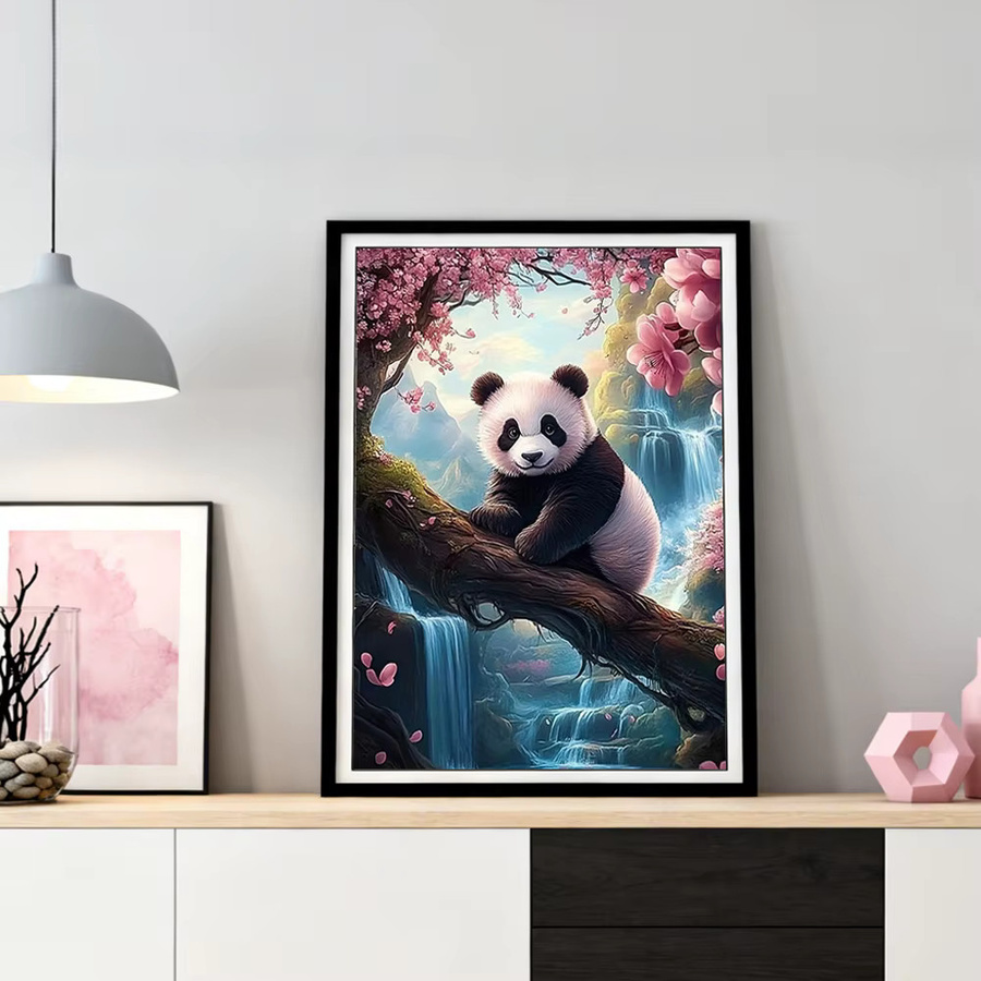 HUACAN Diamant-Malerei Panda mit Blumen als Mosaik-Kunstbild in Mehrfarbig, rund - Bild 2