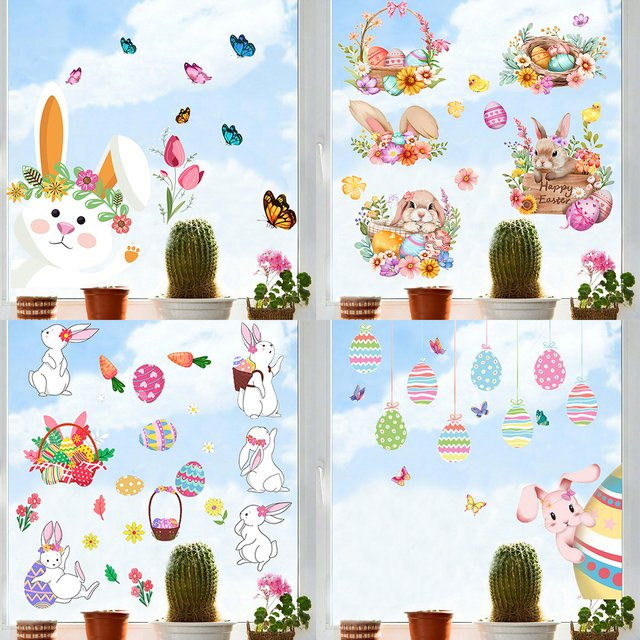 Huiran Ostern Fensteraufkleber mit Cartoon-Häschen und Eiern zur Party-Dekoration für Kinder - Bild 1
