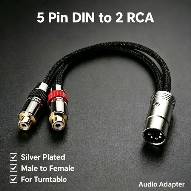 Audiocrast 5-Pin-DIN auf 2 RCA Stereo-Audio-Adapter in Schwarz und Silber, versilbertes OFC-HiFi-Steckerkabel für Plattenspieler, CD-Player und Vintage-Verstärker - Bild 1