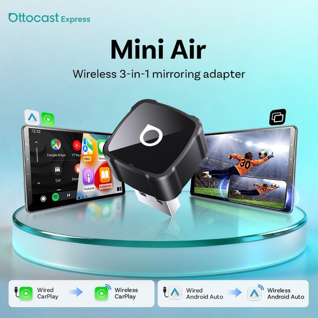 Ottocast 4.0 Mini Air Kabelloser CarPlay und Android Auto 3-in-1 Adapter mit Video-Spiegelung für YouTube und TikTok in Schwarz - Bild 1